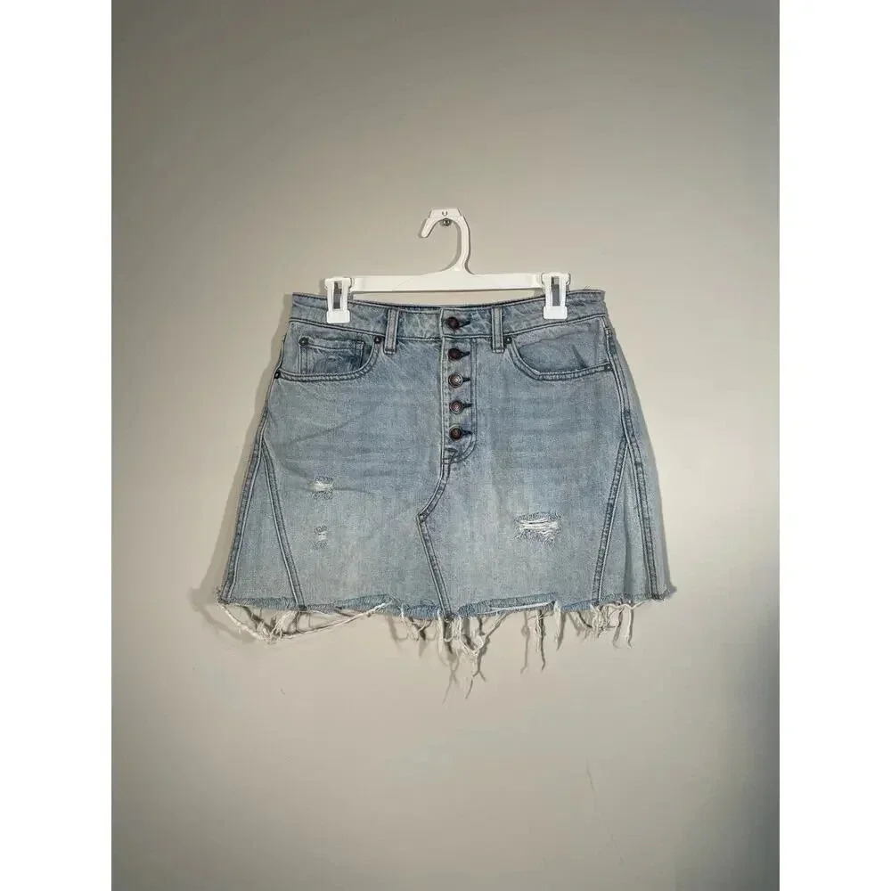 We The Free Distressed Button Fly Denim Mini Skirt‎